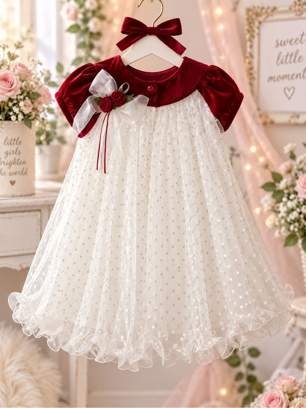 Rare Editions Girls 2T Red Velvet Ivory Tulle Polka Dot Holiday Dress